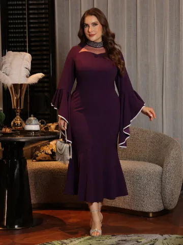 Plus Size Women Elegant Purple Dress Mesh Rhinestone U-Neck Long Sleeve Bodycon Fishtail Banquet Party Dress Polyester Gown