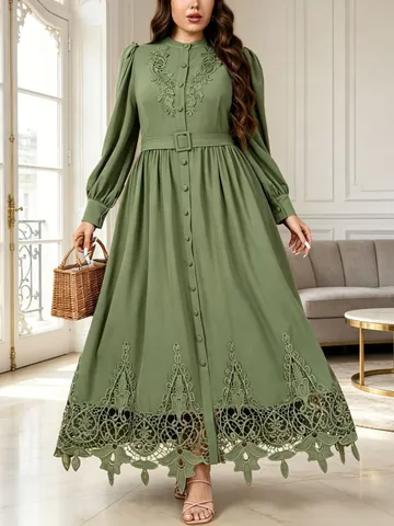 Robe Maxi pour Femmes Grandes Tailles Rétro Français Broderie en Dentelle Col Montant Boutonné Manches Longues Amincissante