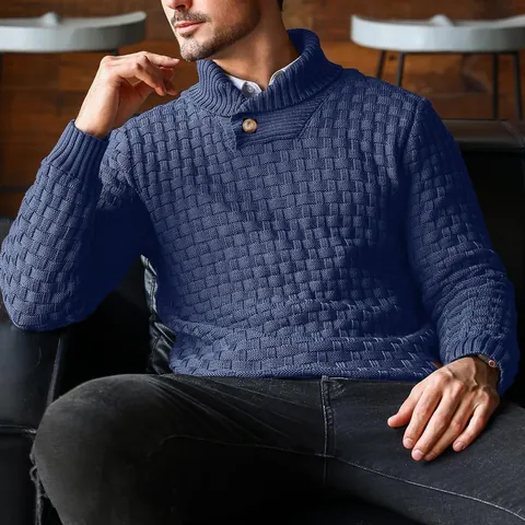 Men Shawl Collar Sweater Polyester Knitwear Slim Fit Basketweave Pullover Long Sleeve Business Casual Jumper Male Knit Top