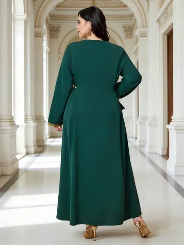 Plus Size V-Neck Gold Trim Elegant Maxi Dress For Women Waist Tie Long Sleeve Long Kaftan Abaya Retro Ethnic Party Dress