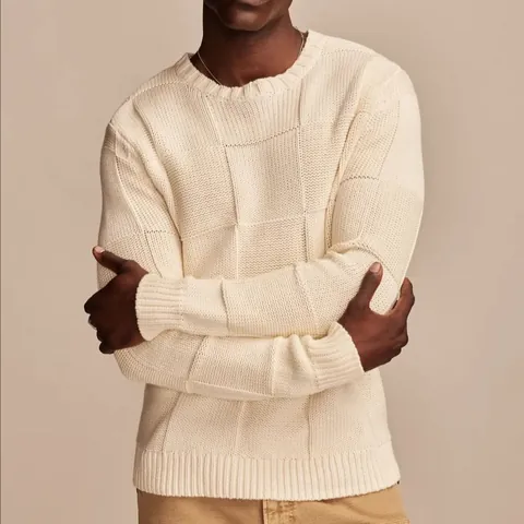 Men's Retro Checkerboard Knit Sweater Vintage Crew Neck Pullover Casual Loose Long Sleeve Knitwear Top