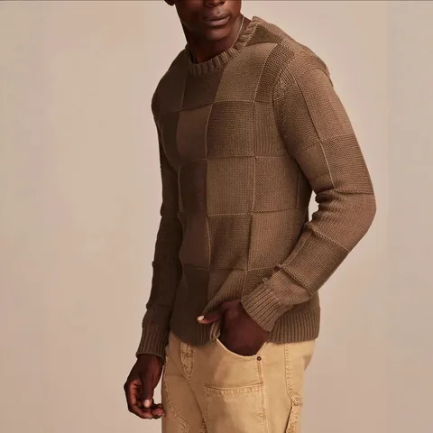 Men's Retro Checkerboard Knit Sweater Vintage Crew Neck Pullover Casual Loose Long Sleeve Knitwear Top