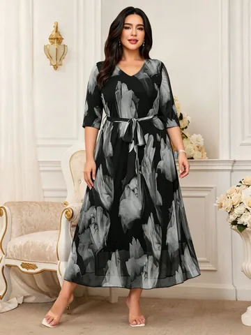 Women Plus Size V-Neck Floral Print Mesh Dress Waist Tie Long Sleeve Midi Dress Elegant Party Office A-Line Mesh Overlay Gown