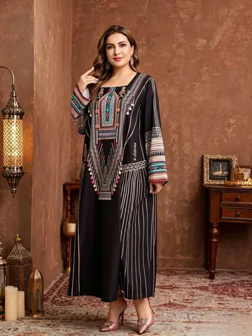 Women Plus Size Ethnic Print Maxi Dress Elegant Loose Long Robe Polyester Geometric Striped Long Sleeve Kaftan Dress