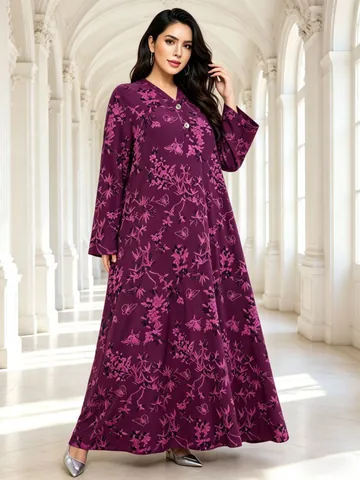 Plus Size Women's Ethnic Print V-Neck Maxi Dress Long Sleeve Loose Kaftan Robe Casual Polyester Floral Butterfly Dress