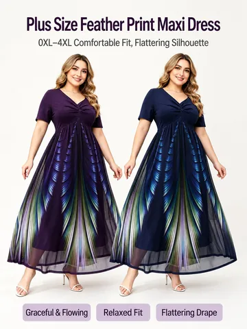 Women Plus Size V-Neck Twist Front Short Sleeve Dress Gradient Peacock Feather Print Mesh Layered Maxi Dress Elegant Party Clothing