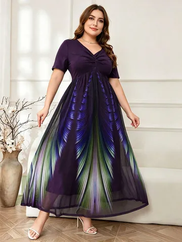 Women Plus Size V-Neck Twist Front Short Sleeve Dress Gradient Peacock Feather Print Mesh Layered Maxi Dress Elegant Party Clothing