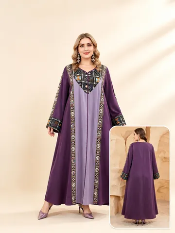Plus Size Women Ethnic Embroidery Maxi Dress Purple Contrast Color Long Sleeve Retro Patchwork Evening Party Gown