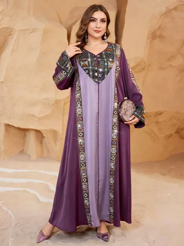 Plus Size Women Ethnic Embroidery Maxi Dress Purple Contrast Color Long Sleeve Retro Patchwork Evening Party Gown