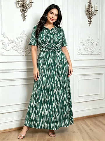 Women Plus Size Geometric Print Midi Dress Short Sleeve Shirt Collar Twist Knot Waist Slenderizing Summer Casual Work Dress