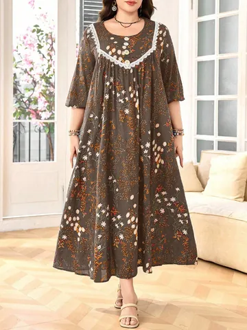 Plus Size Retro Floral Printed Lantern Sleeve Lace Patchwork Maxi Dress Elegant Casual Holiday Top And Bottom Women Clothing