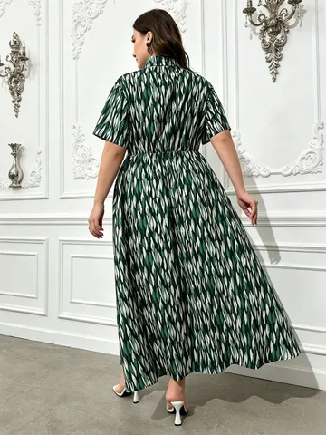 Women Plus Size Geometric Print Midi Dress Short Sleeve Shirt Collar Twist Knot Waist Slenderizing Summer Casual Work Dress
