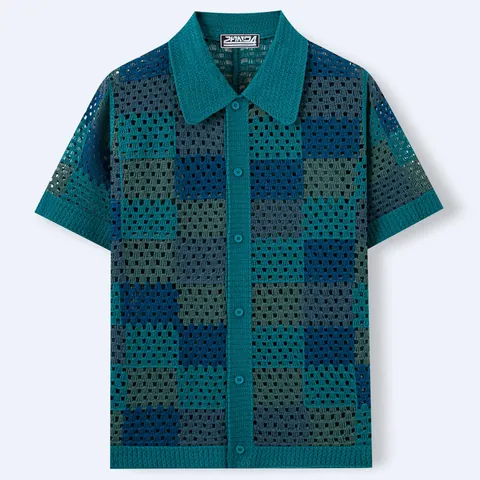 Heren Schaakbordpatroon Gehaakt Opengewerkt Gebreid Poloshirt Vintage Vakantiestijl Korte Mouw Acryl Top