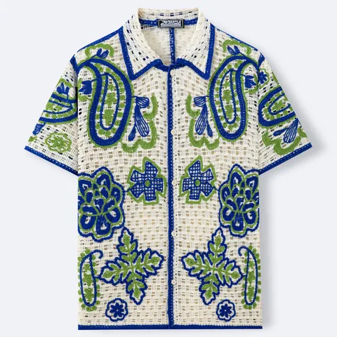 Men Hawaiian Style Hollow Jacquard Knit Cardigan Short Sleeve Polo Shirt Casual Vacation Paisley Floral Button Up Top