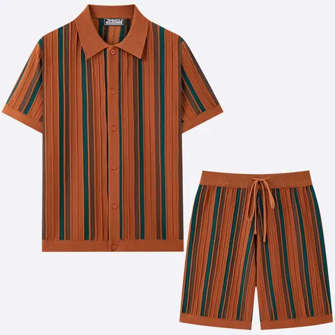 Men's Casual Viscose Knit Top And Bottom Striped Lapel Short Sleeve Polo Shirt With Matching Drawstring Shorts Summer Clothing