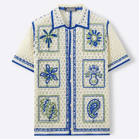 Heren Vakantiestijl Gehaakt Opengewerkt Polo Shirt Geborduurd Kokosboom Paisley Patroon Korte Mouw Revers Cardigan Top