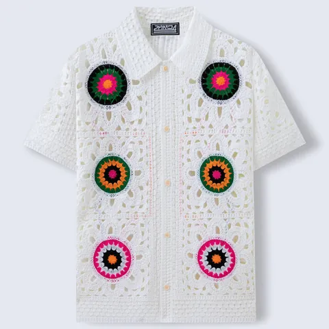 Polo de Punto Vintage para Hombre Aspecto Crochet Calado Jacquard de Círculos Manga Corta Cárdigan