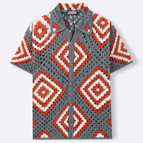 Men's American Casual Argyle Hollow Out Crochet Knit Polo Shirt Vintage Short Sleeve Button Down Cardigan Top For Summer
