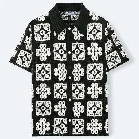 Men's American Retro Crochet Hollow Out Knit Polo Shirt Contrast Black White Grid Pattern Short Sleeve Button Up Top