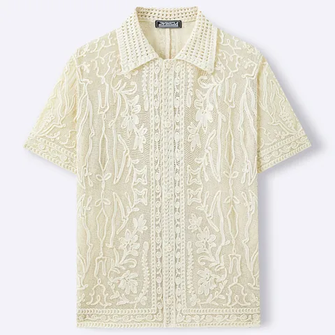 Men Casual Cotton Knitwear Polo Shirt Embossed Jacquard Hollow Out Short Sleeve Cardigan Vintage Crochet Top For Summer
