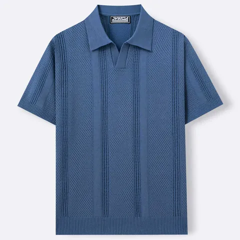 Heren Ijszijde Opengewerkt Gebreid Poloshirt Zakelijk Casual Johnny Kraag Korte Mouw Top Ademende Zomer Gebreide Kleding