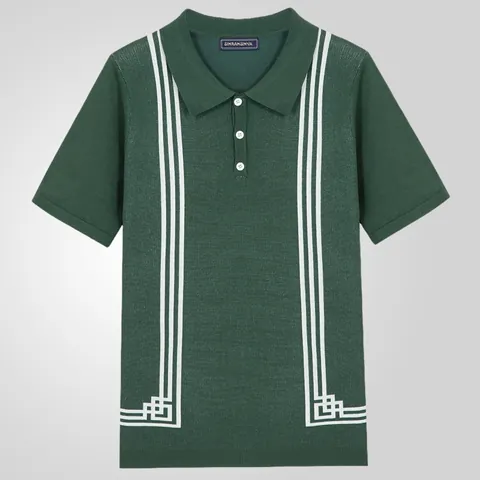 Polo Homme Business Casual en Viscose Manches Courtes Vert Rayures Contrastées Ourlet Géométrique Haut en Maille pour Homme