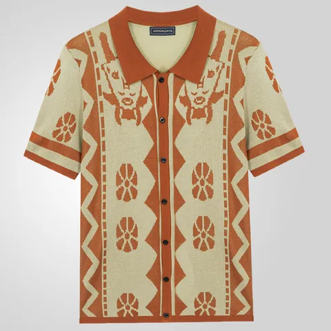 Men's Ethnic Jacquard Knitted Polo Shirt Short Sleeve Button Down Cardigan Vintage Casual Polyester Summer Top