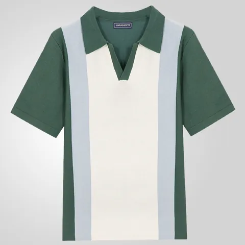Polo de Punto en Bloques de Colores Retro para Hombre Manga Corta Cuello en V Verano Viscosa Transpirable Moda Casual Top