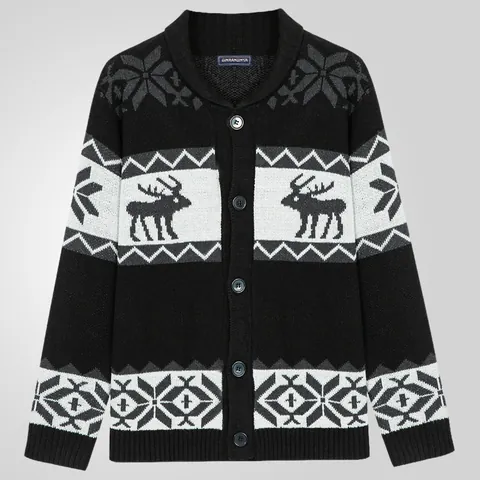Cardigan in Maglia Jacquard Natalizio da Uomo con Renne e Fiocchi di Neve Collo a Scialle Bottoni Caldo Maglione Top