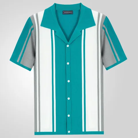 Maglia Polo Uomo a Maniche Corte a Righe in Maglia Cardigan Casual Estivo Viscosa Top Vintage Contrasto Colore Maglieria