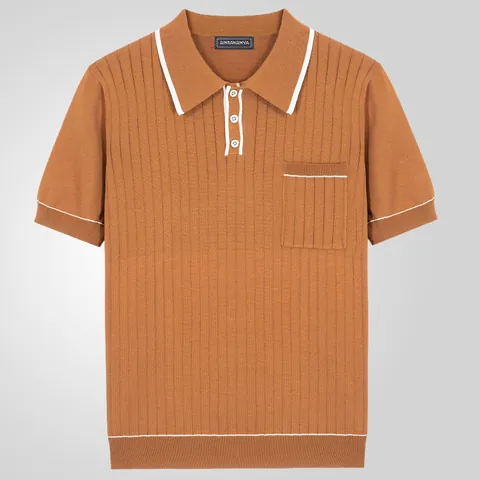 Men Business Casual Knitted Polo Shirt Short Sleeve Slim Fit Ribbed Texture Contrast Trim With Patch Pocket Summer Tops