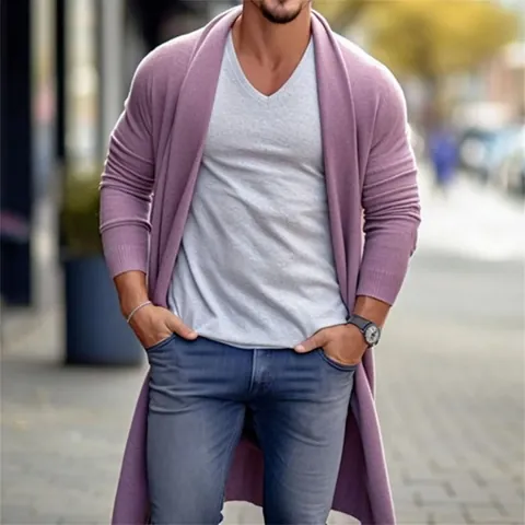 Men Mid Length Knit Cardigan Solid Color Shawl Collar Open Front Sweater Lightweight Soft Polyester Casual Urban Streetwear Top