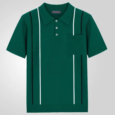 Men Business Casual Viscose Knitted Polo Shirt Contrast Vertical Stripes Patch Pocket Short Sleeve Regular Fit Top