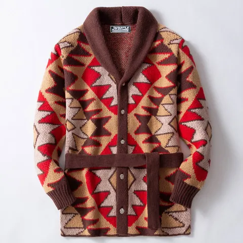 Men Heavy American Geometric Jacquard Knit Cardigan Mid Length Thick Polyester Sweater Coat With Shawl Collar Belt Top