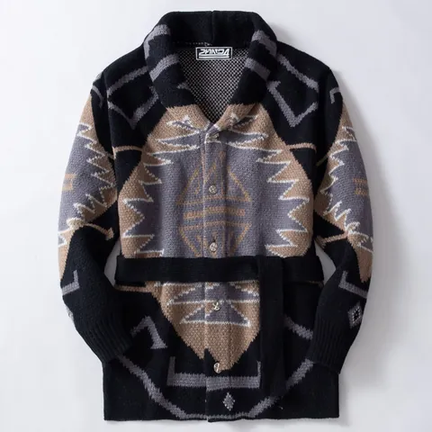 Men's American Retro Geometric Jacquard Knit Cardigan Shawl Collar Thickened Mid-Long Sweater Jacket With Belt Winter SY0075