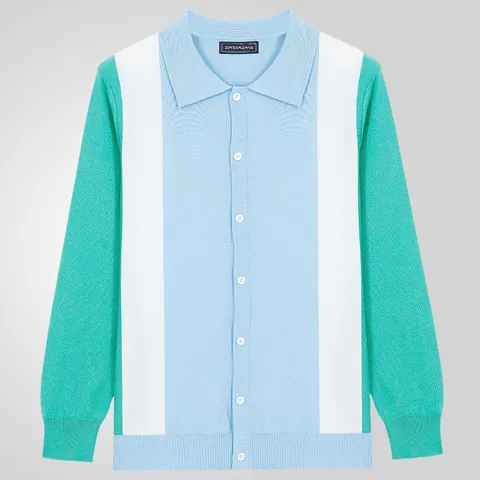 Men's Knit Long Sleeve Polo Cardigan Striped Color Block Button Down Business Casual Viscose Knitted Shirt Top