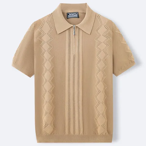 Men Business Casual Knitted Polo Shirt Half Zip Short Sleeve Viscose Texture Chevron Pattern Top Summer Fashion Knitwear