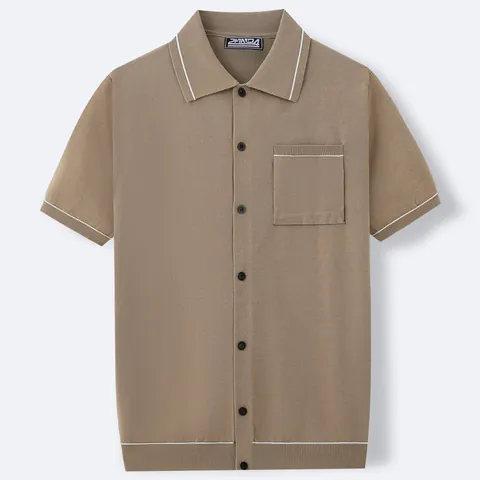 Polo da Uomo a Manica Corta in Maglia di Viscosa Casual Maglione Aperto Top Con Tasca e Rifiniture a Righe a Contrasto Moda Uomo