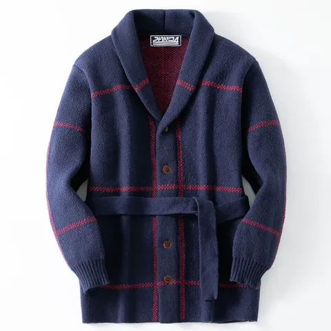 Men Retro Jacquard Knitted Cardigan Shawl Collar Thickened Mid-Length Sweater Top With Belt Navy Plaid Pattern Outerwear