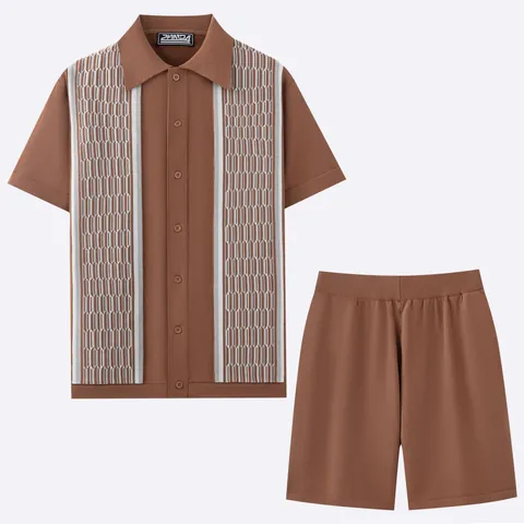 Men's Casual Knit Set Summer Short Sleeve Contrast Jacquard Knit Cardigan And Shorts Vintage Viscose Streetwear Outfits Top And Bottom