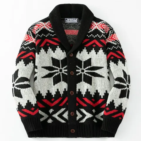 Heren Retro Etnisch Jacquard Gebreid Vest Sjaalkraag Sneeuwvlok Knoop Polyester Trui Jas Winter Casual Warm Top