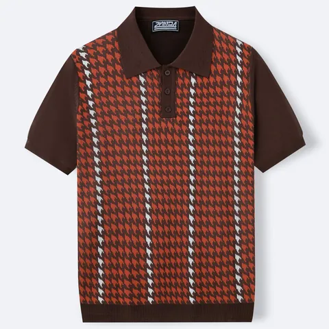 Polo Homme Business Casual à Motif Pied-de-poule Tricoté Manches Courtes Jacquard Top en Viscose Respirant Style Rétro