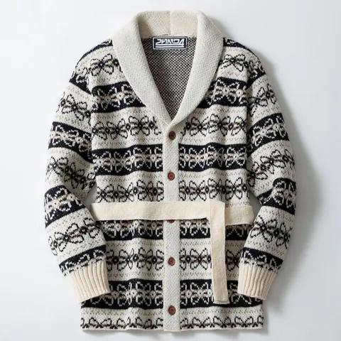 Men's Vintage Geometric Jacquard Shawl Collar Cardigan With Belt Mid-Length Knitted Sweater Casual Button Down Knitwear Top