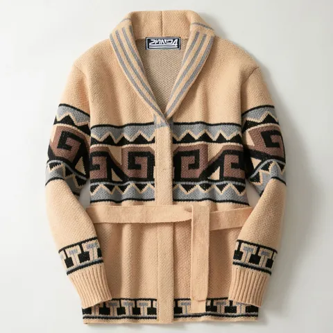 Men Retro Jacquard Knit Cardigan With Belt Long Sleeve Thickened Winter Top For Casual Daily Wear Warm Sweater Outerwear