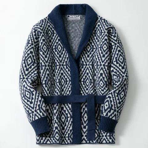 Men Retro Argyle Jacquard Knit Cardigan Shawl Collar Loose Thick Belted Sweater Jacket Top