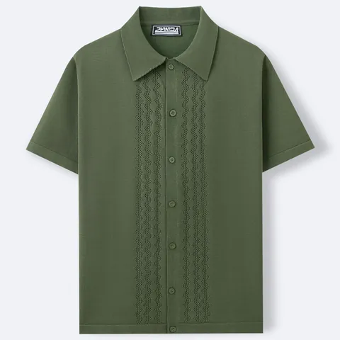 Men Summer Knit Polo Shirt Short Sleeve Hollow Out Geometric Pattern Viscose Cardigan Style Casual Workwear Retro Top