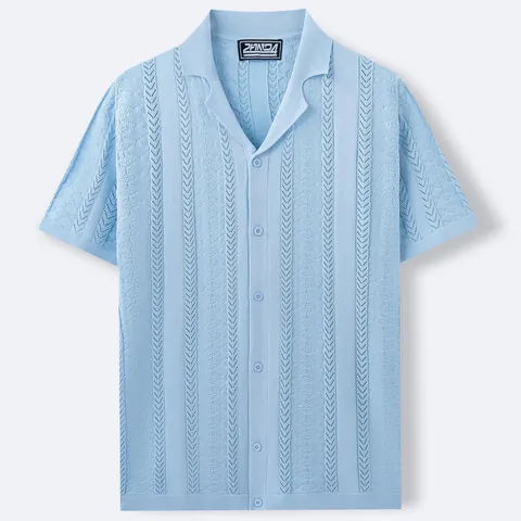 Men Cuban Collar Knit Polo Shirt Vintage Wheat Spike Jacquard Short Sleeve Button Down Cardigan Breathable Viscose Casual Top