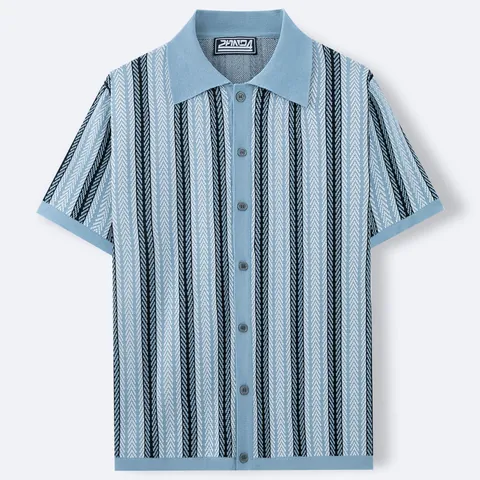 Men's Vintage Knitted Short Sleeve Polo Shirt Button Up Stripe Jacquard Cardigan Casual Viscose Lapel Fashion Knitwear Top