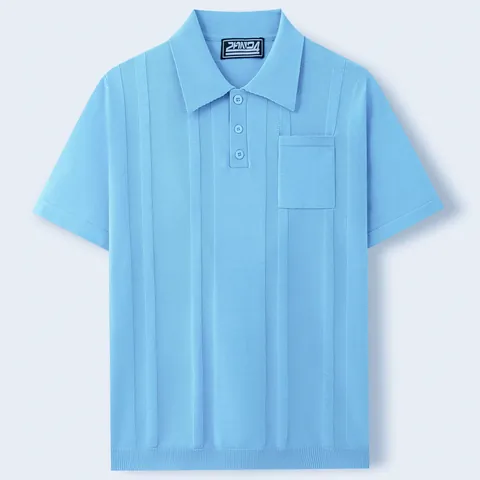 Men's Knitted Viscose Polo Shirt Vertical Ribbed Short Sleeve Business Casual Polo Top With Pocket For Summer