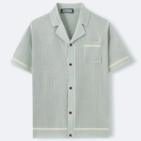 Men Cuban Collar Knit Short Sleeve Shirt Pointelle Hollow Breathable Viscose Cardigan Polo Shirt Contrast Stripe Knitwear Top
